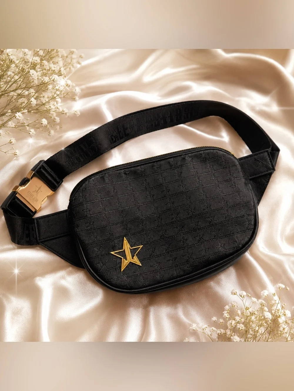Jeffree Star Cosmetics Black Faux Leather Belt Bag Fanny Pack Gold Star Logo